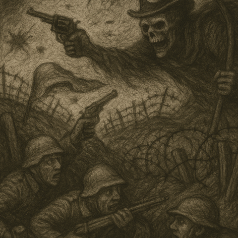 Soldaten ducken sich hinter Stacheldraht im Niemandsland des Ersten Weltkriegs, während aus dem Nebel eine monströse Gestalt erscheint.